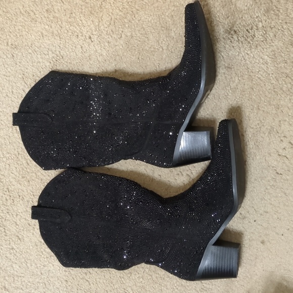 Black Rhinestone Mid Calf Boots Size 7 - Picture 2 of 11